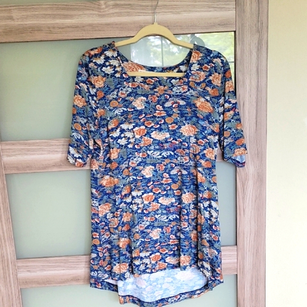 PERUVIAN CONNECTION Floral Blue and Orange Top L